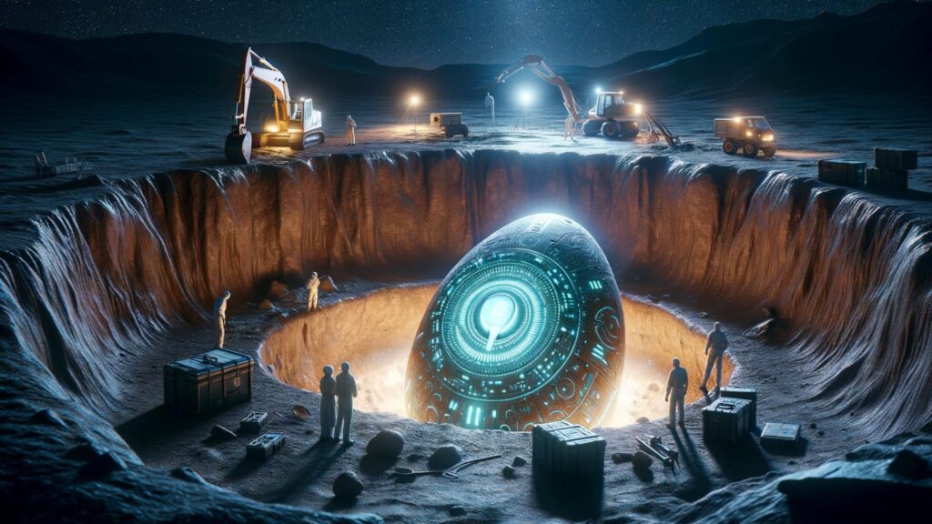 A photorealistic image depicting a glowing alien egg-shaped probe in an archaeological dig site. The probe, partially exposed from the earth, exhibits a radiant, luminous surface with intricate alien symbols.