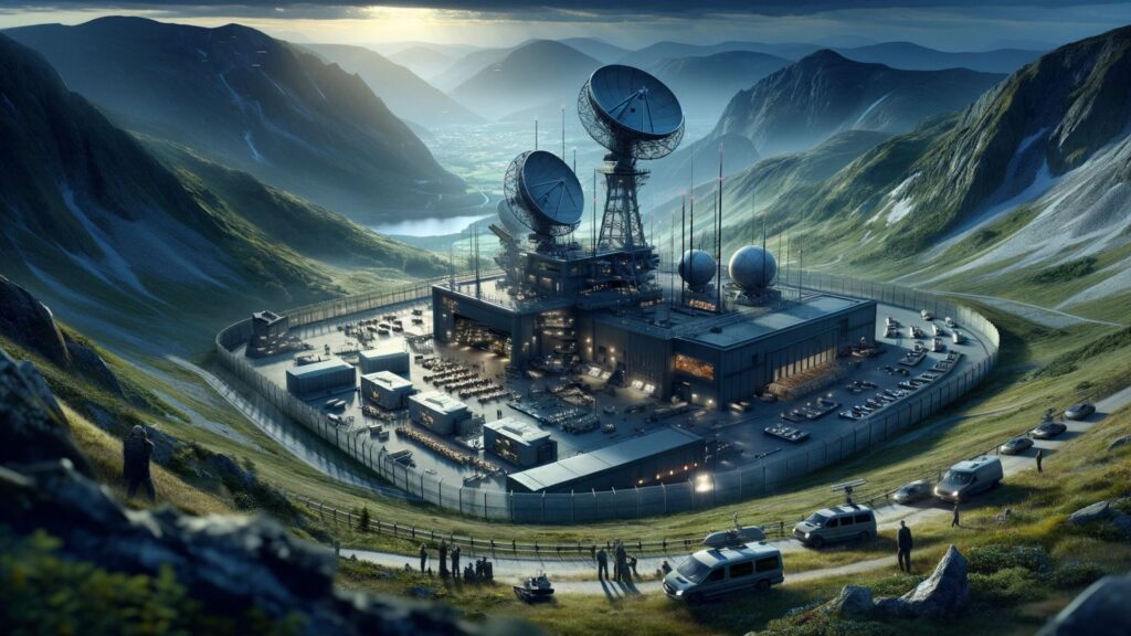 A photorealistic image depicting the global race for alien technology. The scene shows a high-tech, secretive government facility located in a remote area, with advanced radar and communication equipment scanning the skies.