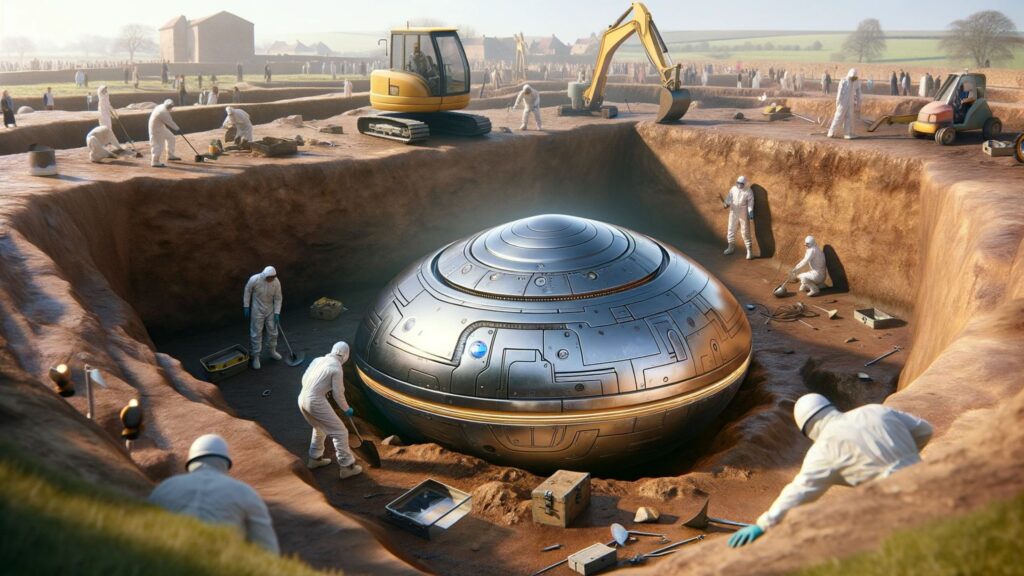A photorealistic image of a metallic, egg-shaped UFO discovered in an archaeological dig site. The UFO is partially unearthed, revealing its sleek, metallic surface with futuristic design elements.