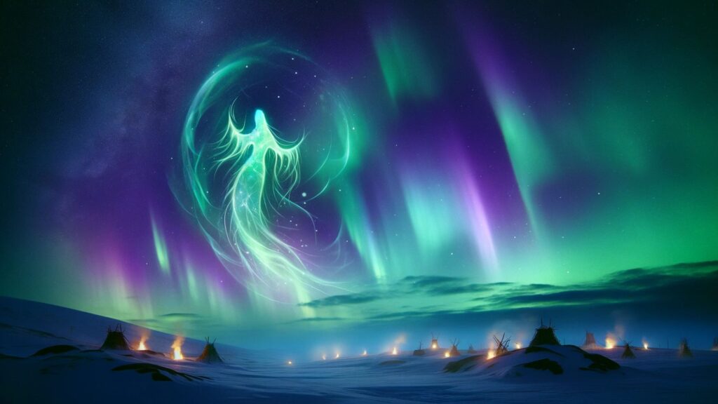 This image depict the Aurora Borealis, but with a unique focus on its significance in Sámi culture and legends.
