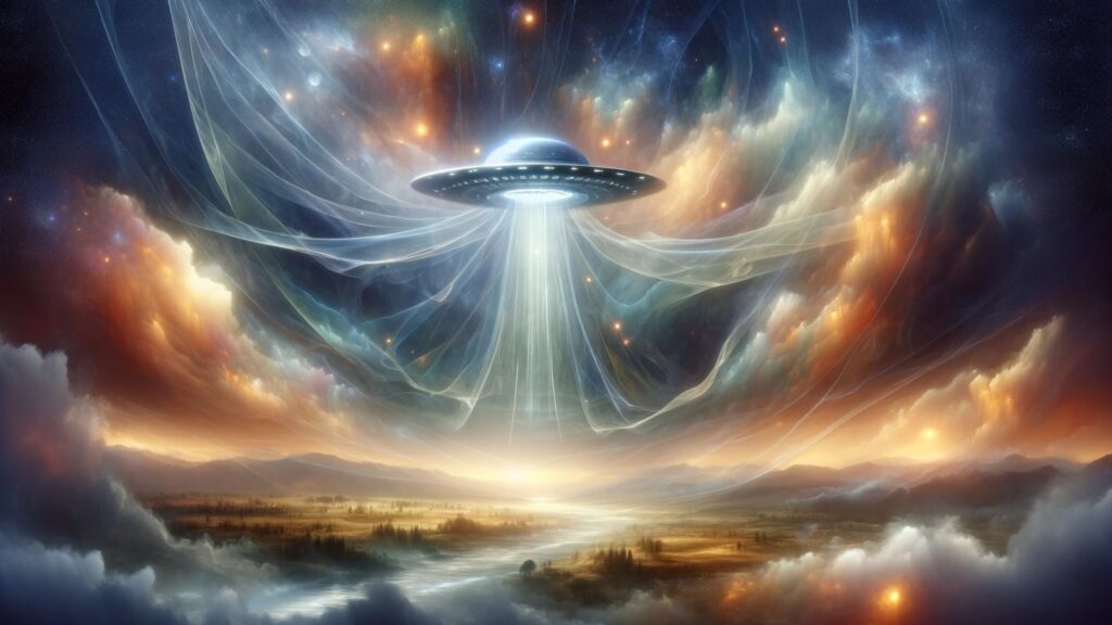 image representing the interdimensional hypothesis of UFOs. The scene depicts a surreal and ethereal landscape, blending elements of our recognizable world with otherworldly features.