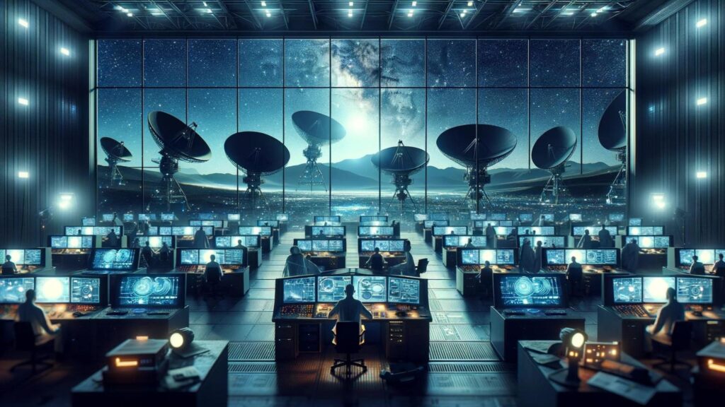 Image representing the concept of SETI (Search for Extraterrestrial Intelligence). The image shows a high-tech command center filled with advanced computer screens and equipment, where scientists are actively monitoring signals.