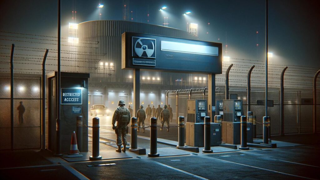 A photo-realistic image depicting the theme of non-disclosure policies and security in nuclear facilities. The scene shows a secure entrance to a nuclear facility at night, with guards and security checkpoints.