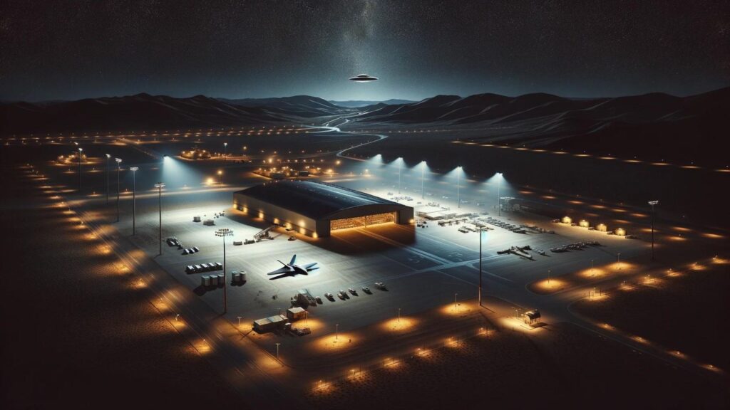 A photo-realistic image of Area 51 at night. The scene is lit by the facility's lights against a dark desert backdrop.