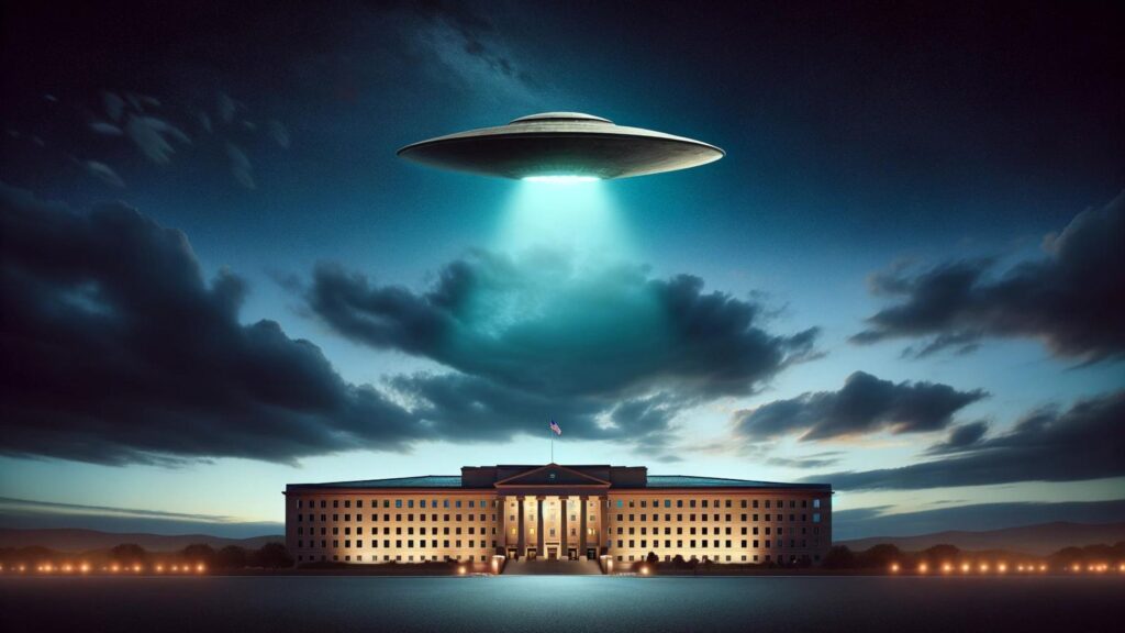 Create a photorealistic image focusing on the theme of the Pentagon's UFO report. Feature the Pentagon building prominently in the foreground, representing government authority.