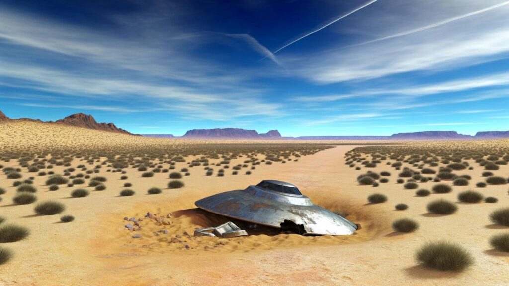 a photorealistic image depicting the famous Roswell UFO incident. The scene should capture a remote desert landscape near Roswell, New Mexico, under a vast, clear sky.