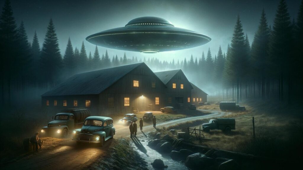 a photorealistic image depicting the theme of a UFO cover-up in the 1950s era. Visualize a secretive government facility, reminiscent of the Cold War era, hidden in a remote, wooded area. 