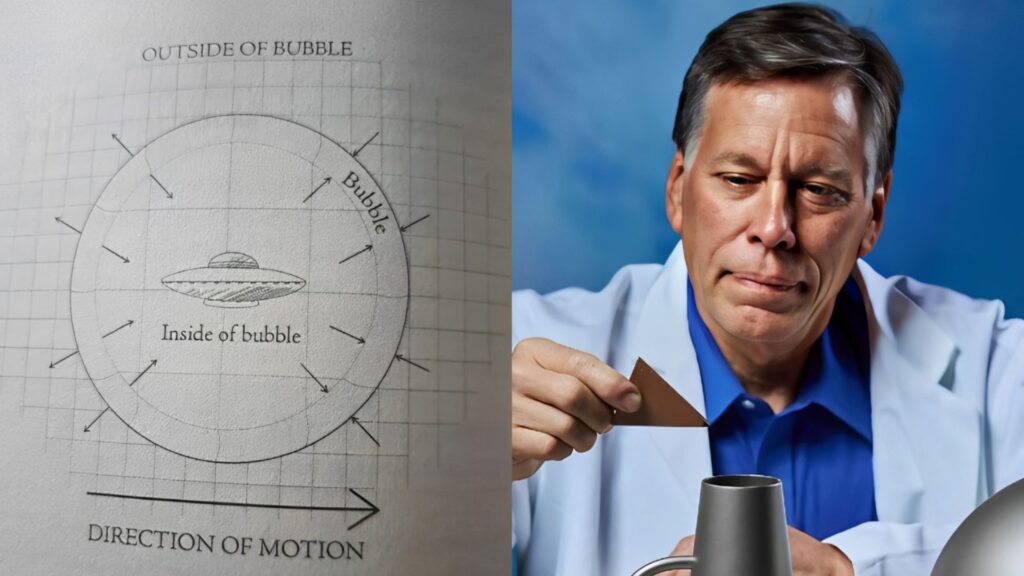 This sketch from Lue Elizondo's book Imminent illustrates the mechanics behind alien spacecraft, revealing how they navigate. It aligns with Bob Lazar's claims, suggesting that space itself moves around the craft, almost like a conveyor belt. The craft manipulates its surroundings, creating the illusion that space is in motion.