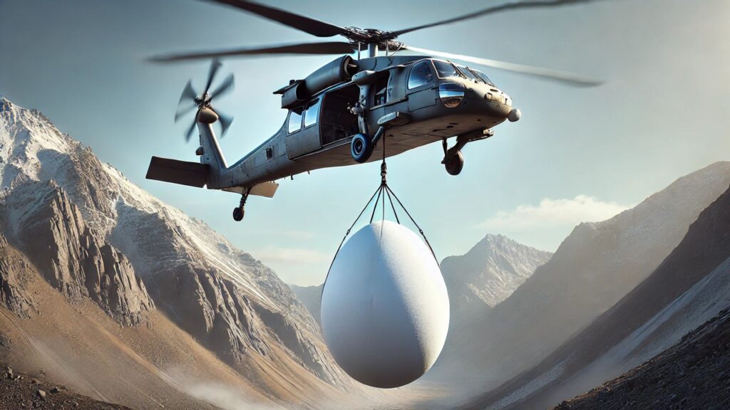 Image of a military helicopter lifting a white, egg-shaped UAP approximately 20 feet in size.