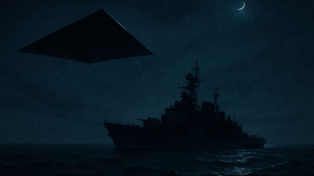 Black-triangle UFO looms above a Russian naval destroyer on a moonlit, wave-tossed sea, evoking a covert maritime UAP encounter.